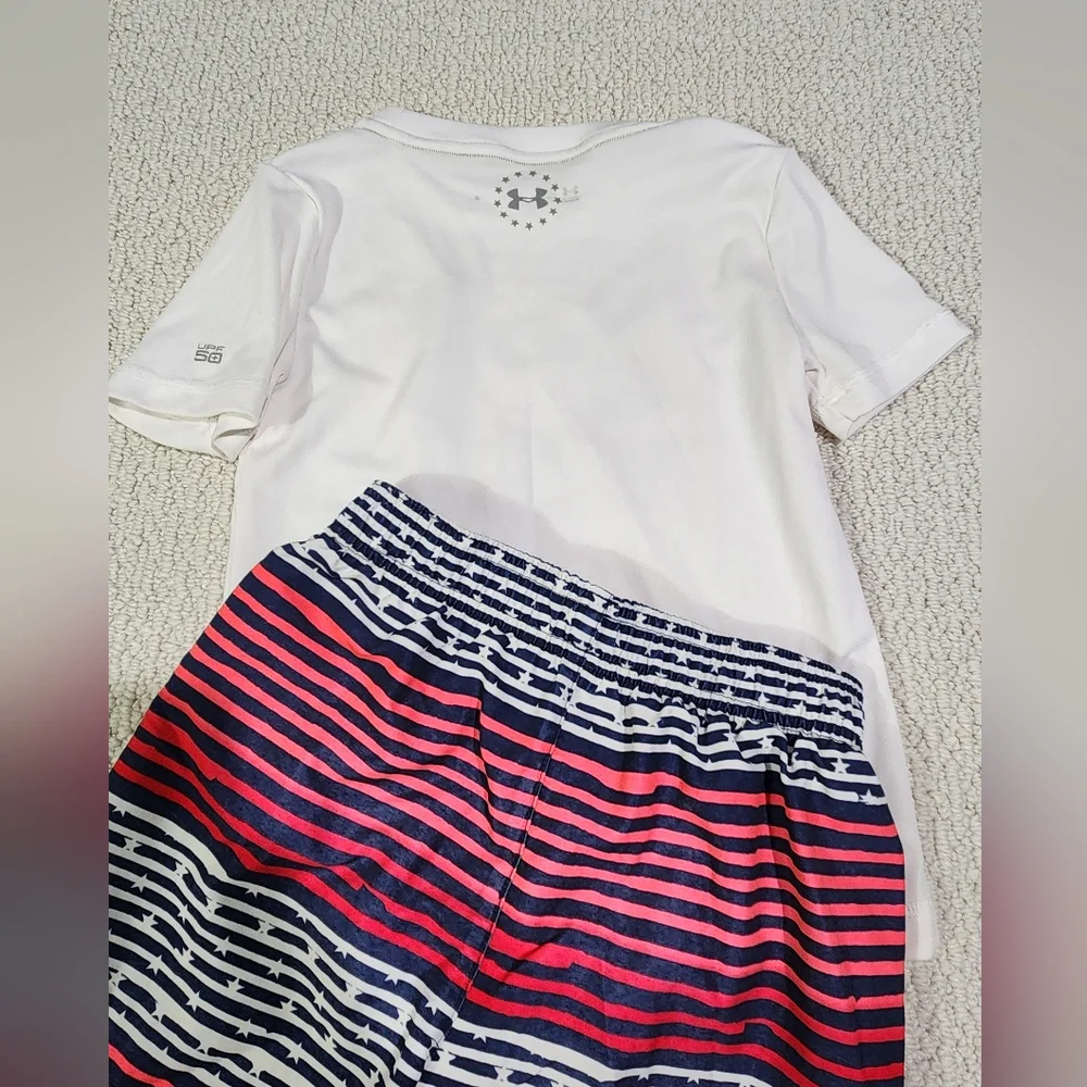 Under Armour Swim Boys Red White‎ And Blue Patriotic Rashguard And Suit Sz 5
